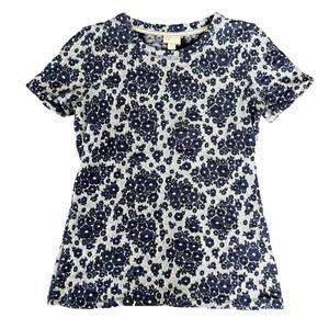 Anthropologie Floral Knit T Shirt Top Navy Blue Grey Short Sleeve XS Spring‎